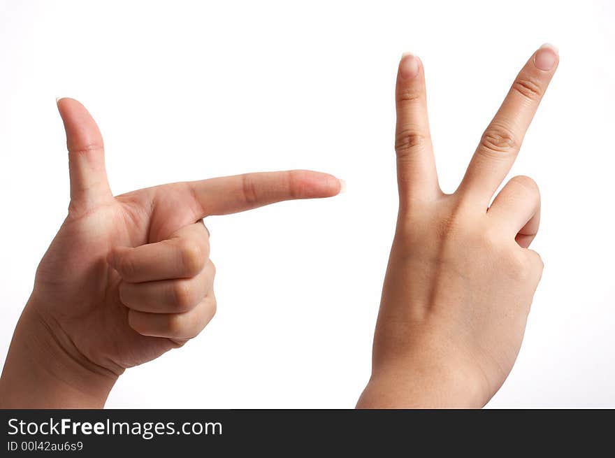 A hand pointing at something over a white background. A hand pointing at something over a white background