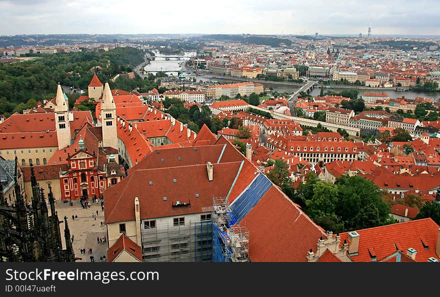 The aerial view of Prague City from the Top of the Cathedral of Sv Vit in Prague Castle