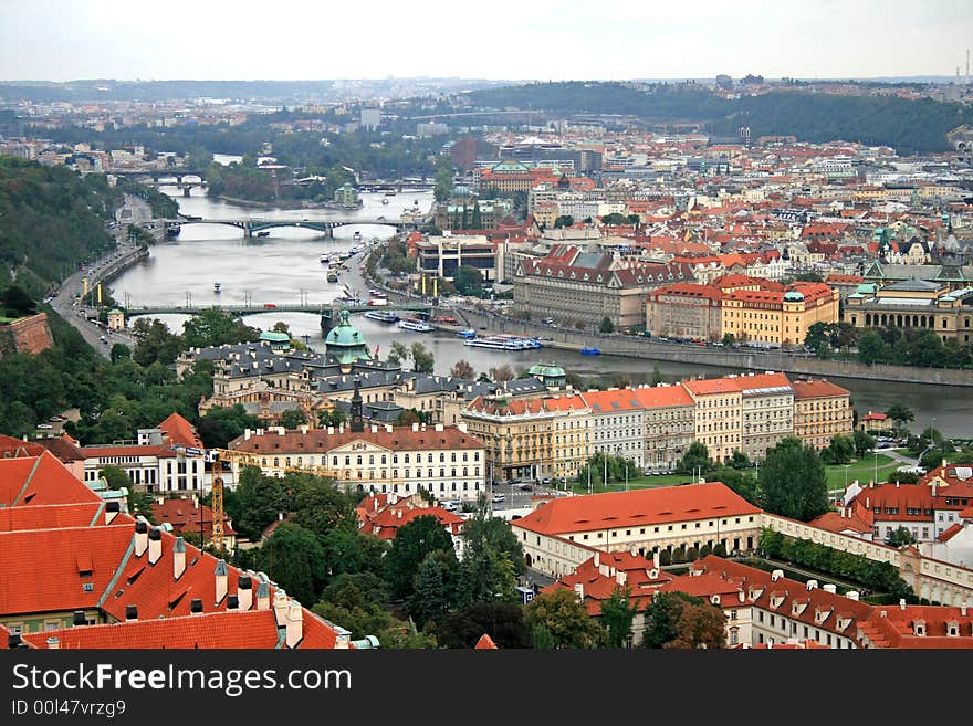 The aerial view of Prague City from the Top of the Cathedral of Sv Vit in Prague Castle