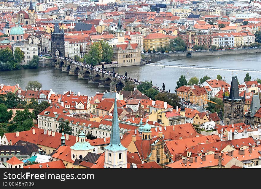 The aerial view of Prague City from the Top of the Cathedral of Sv Vit in Prague Castle