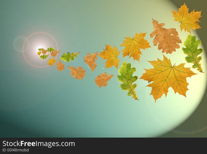 Flying multi-coloured leaves on an abstract background.