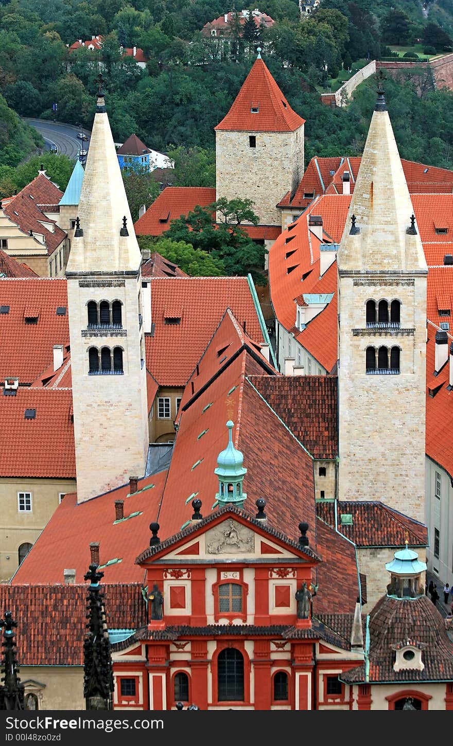 The aerial view of Prague City from the Top of the Cathedral of Sv Vit in Prague Castle