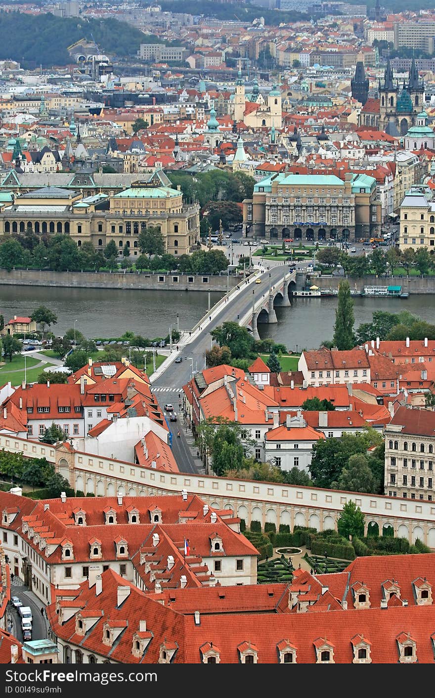 The aerial view of Prague City from the Top of the Cathedral of Sv Vit in Prague Castle