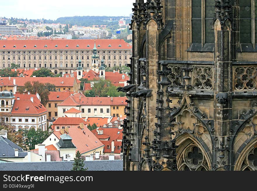 The aerial view of Prague City from the Top of the Cathedral of Sv Vit in Prague Castle