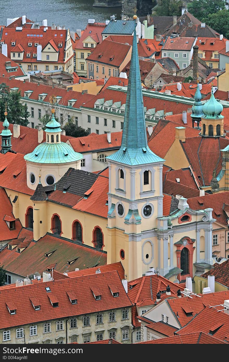 The aerial view of Prague City from the Top of the Cathedral of Sv Vit in Prague Castle