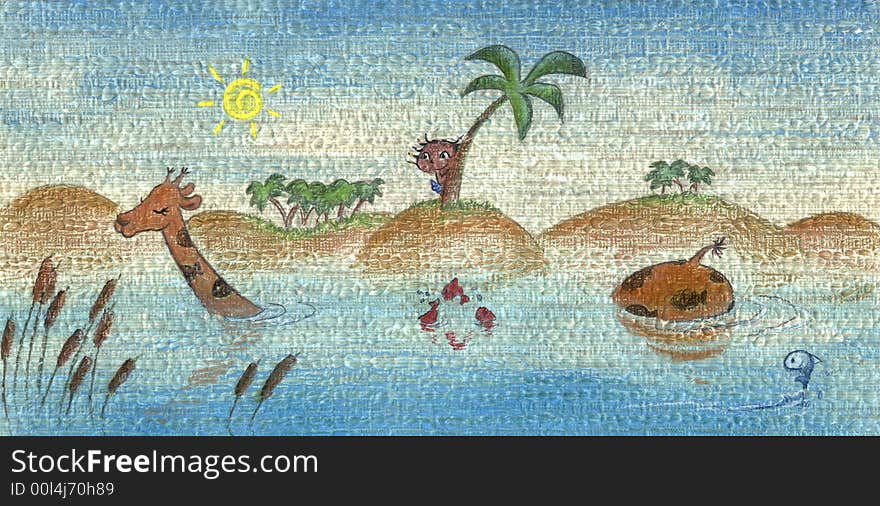 A little african girl is looking at a giraffe having a bath in the river. Hand made illustration on textured paper. A little african girl is looking at a giraffe having a bath in the river. Hand made illustration on textured paper.