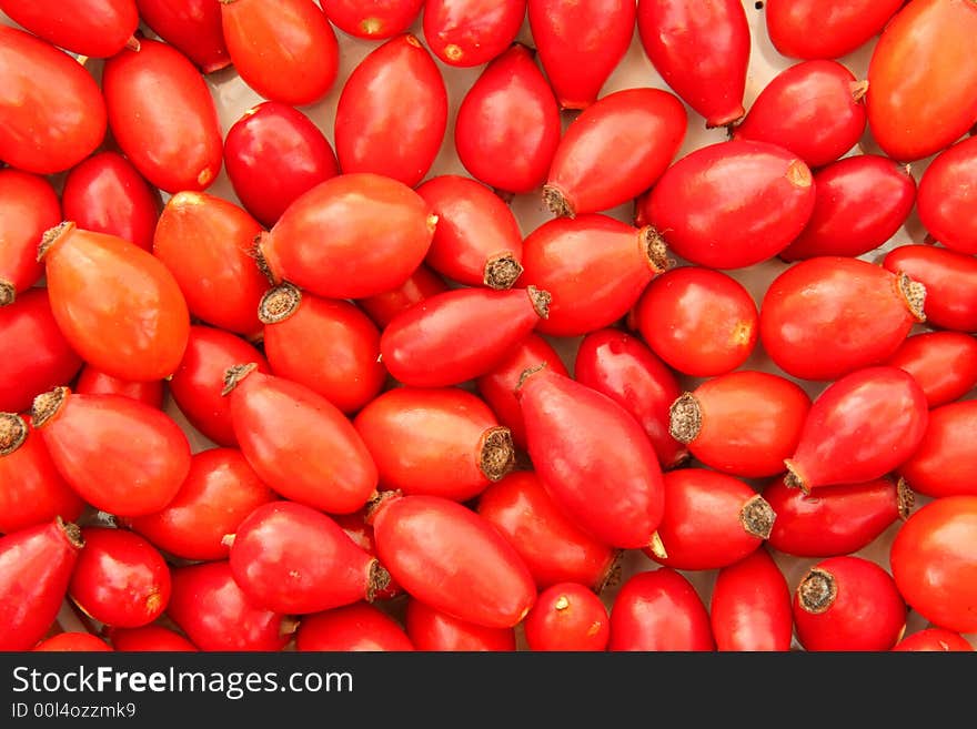 Rose hips background. Vibrant red colour of autumn fruit. Rose hips background. Vibrant red colour of autumn fruit.