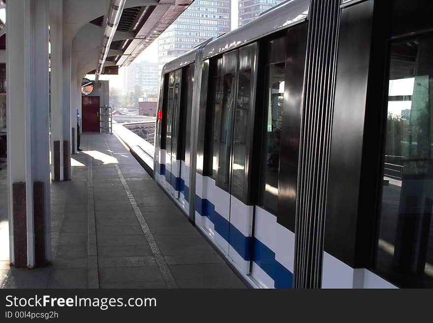 Monorail train coming to Timiryazevskaya station, Moscow, Russia. Monorail train coming to Timiryazevskaya station, Moscow, Russia