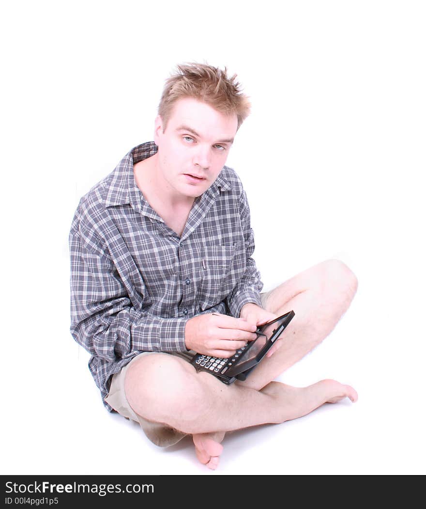 Young manager with his portable computer on the white background. Young manager with his portable computer on the white background