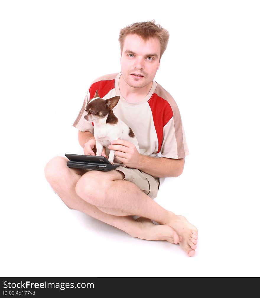 Young man and his beautiful chihuahua on the white background. Young man and his beautiful chihuahua on the white background