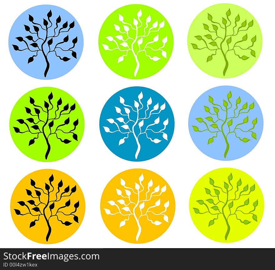 A clip art illustration of your choice of 9 different colorful tree in circle icons with various colors