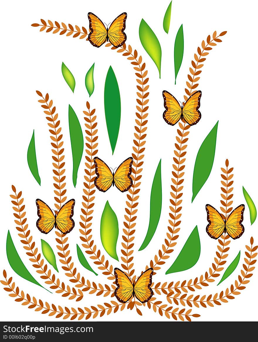 Illustration with stylized plant and butterflies.