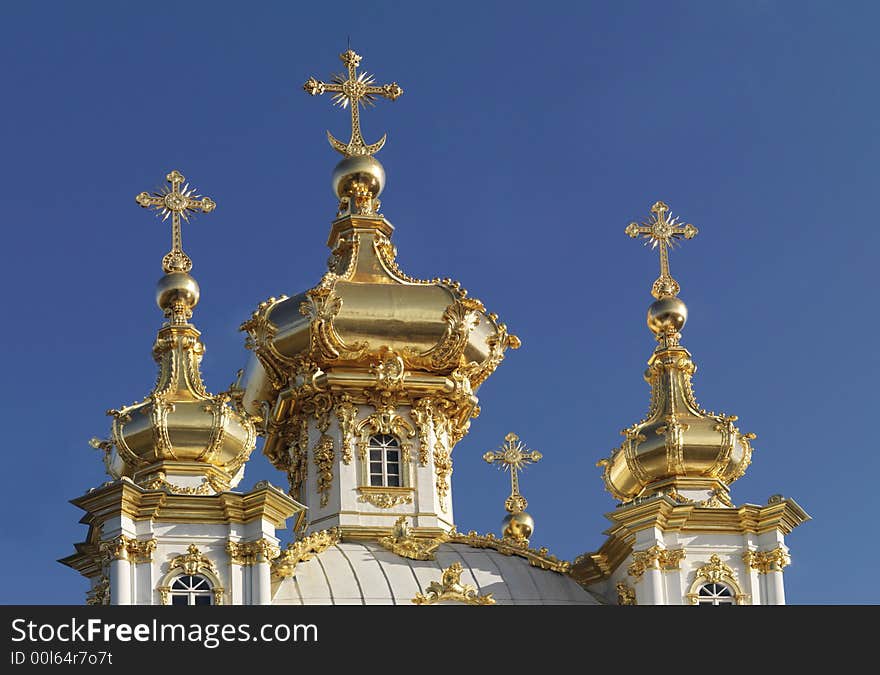 Golden domes of russian church at at Peterhof, Saint Petersburg