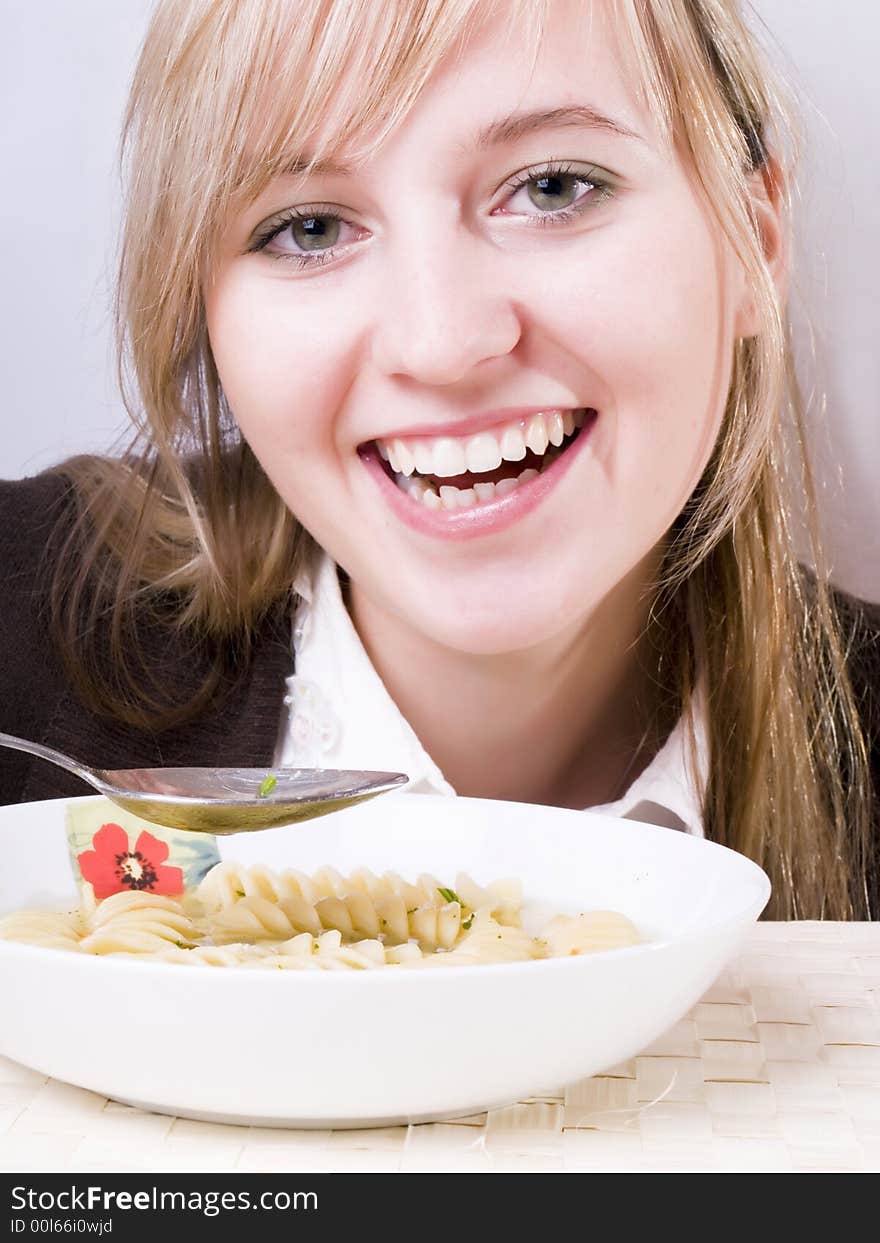 Beauty young women eating delicious soup. Beauty young women eating delicious soup