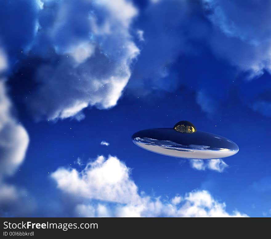 A UFO flying in the daylight sky amongst the clouds. Their are a few stars showing through as the UFO is high in the atmosphere. A UFO flying in the daylight sky amongst the clouds. Their are a few stars showing through as the UFO is high in the atmosphere.