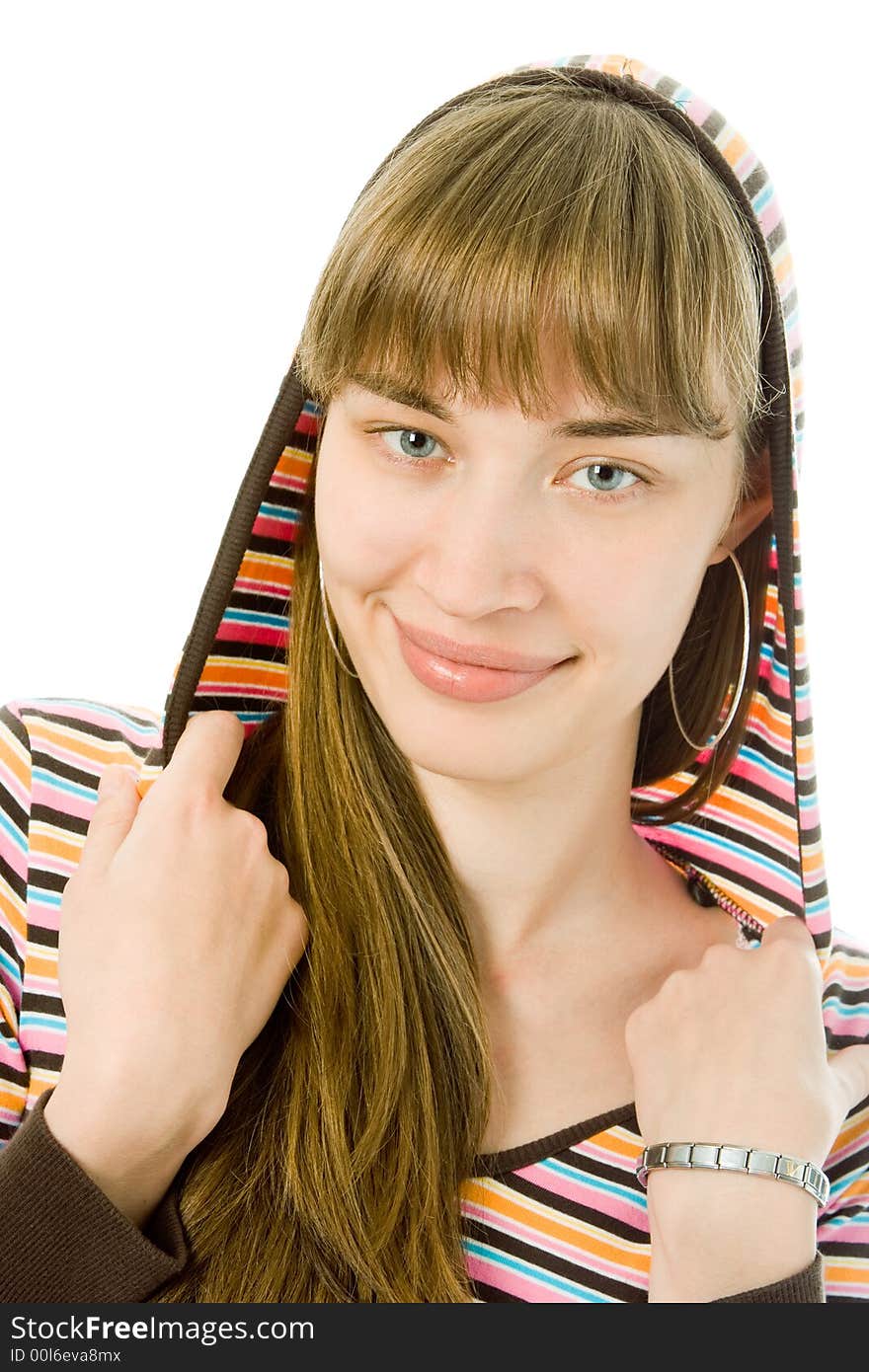 Beauty  woman  in hood over white background