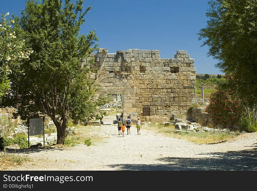 Tourists visiting old ancient ruins in Turkey