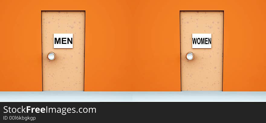 An conceptual image of two doors with signs on them indicating toilets.