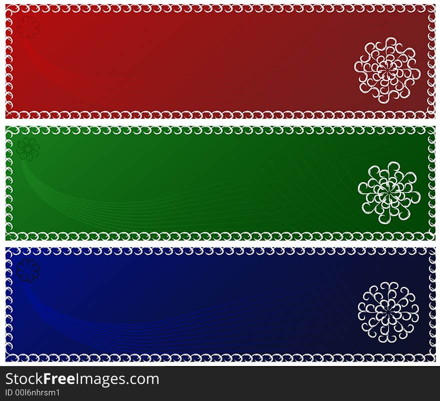 Abstract banners with snowflakes ( of three colors: red, green and blue)