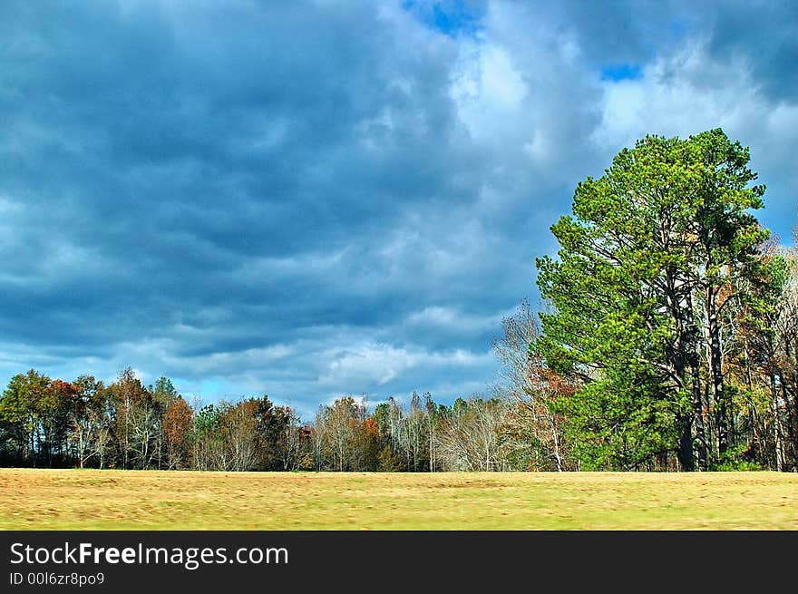 Field with wooded area in background and blue cloudy skies. Field with wooded area in background and blue cloudy skies