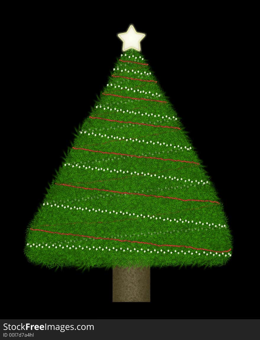 Triangular shaped Christmas tree of varying shades of green with a brown trunk.  Simple decorations of lights and red bead garland on a black background. Triangular shaped Christmas tree of varying shades of green with a brown trunk.  Simple decorations of lights and red bead garland on a black background.