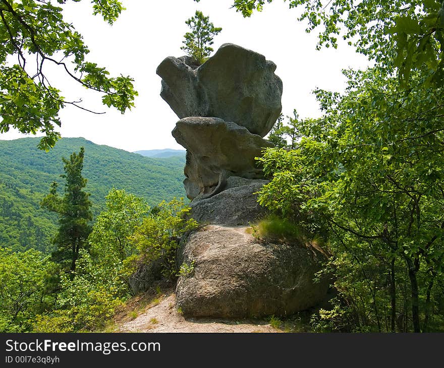 The huge granite grey rock among forest. The form of rock is as huge stone flower. Russian Far East, Primorye. The huge granite grey rock among forest. The form of rock is as huge stone flower. Russian Far East, Primorye.