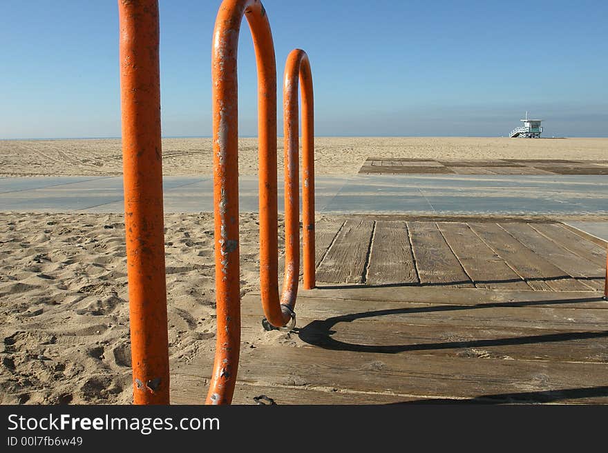 Empty clean beautiful beach shot early morning  with a life-guard cabin