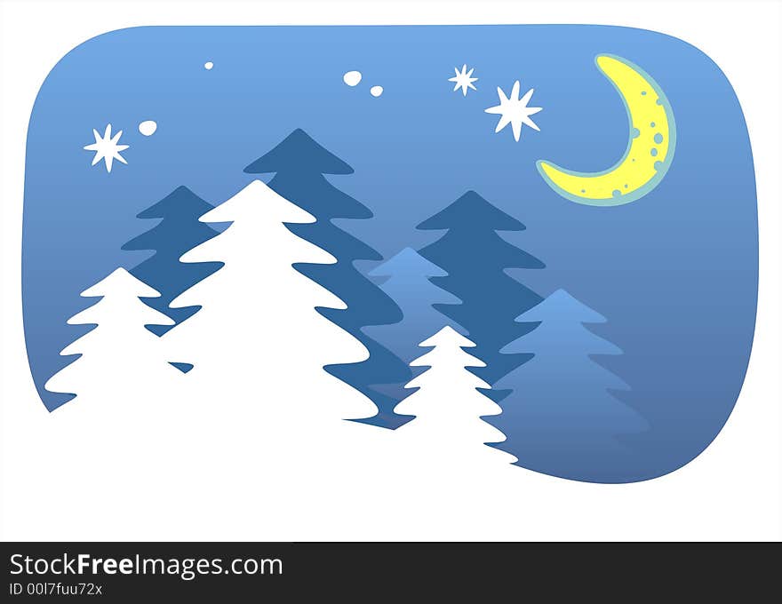 White and dark blue silhouettes of pines on a background of the night sky, the moon and stars. White and dark blue silhouettes of pines on a background of the night sky, the moon and stars.