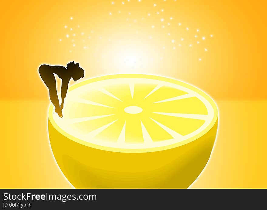 Lemon cut in half on white background with women diving. Lemon cut in half on white background with women diving