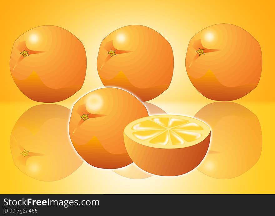 Three oranges on orange background with shadow