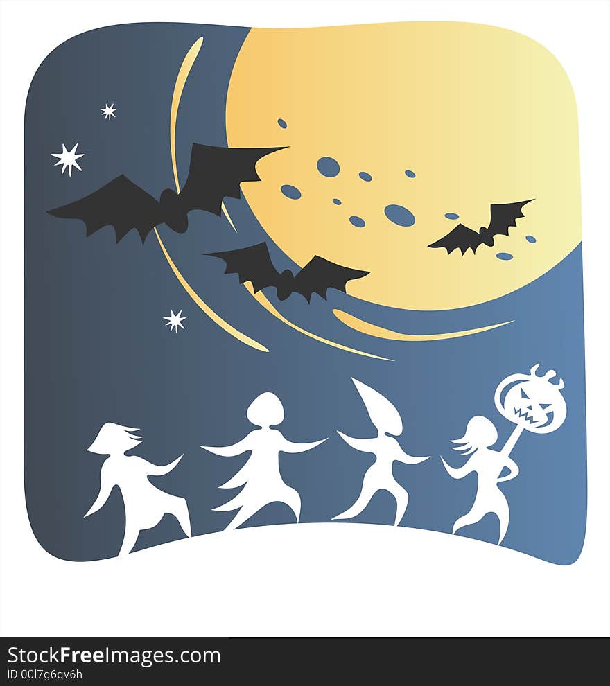 Four white mystical silhouettes and pumpkin on a stick on a background of the night sky, the moon and bats.