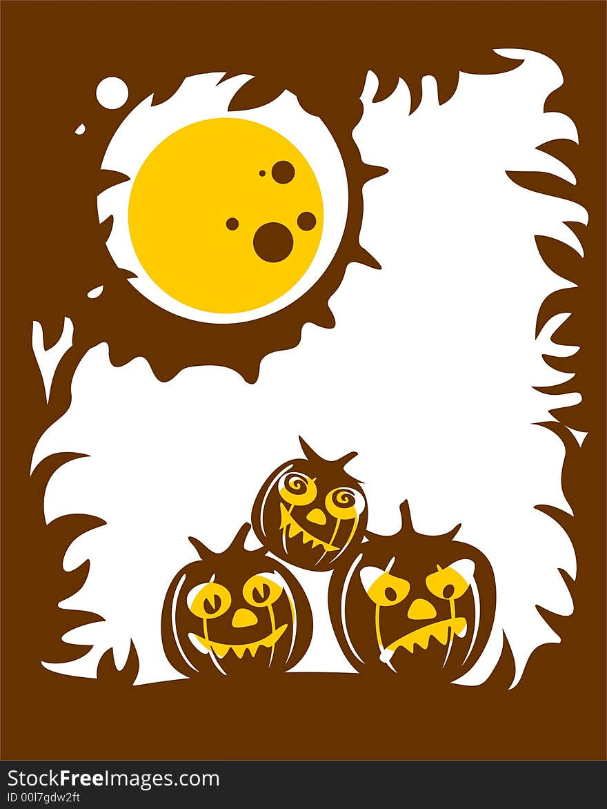 The brown stylized background with three pumpkins and the moon. The brown stylized background with three pumpkins and the moon