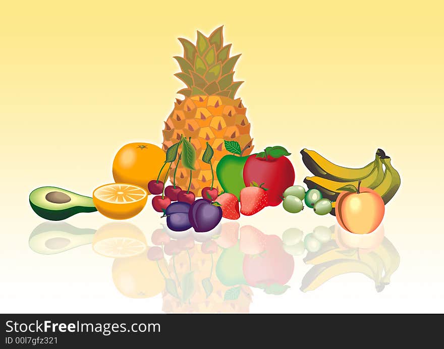 Lots of various fresh fruits isolated on color ground. Lots of various fresh fruits isolated on color ground