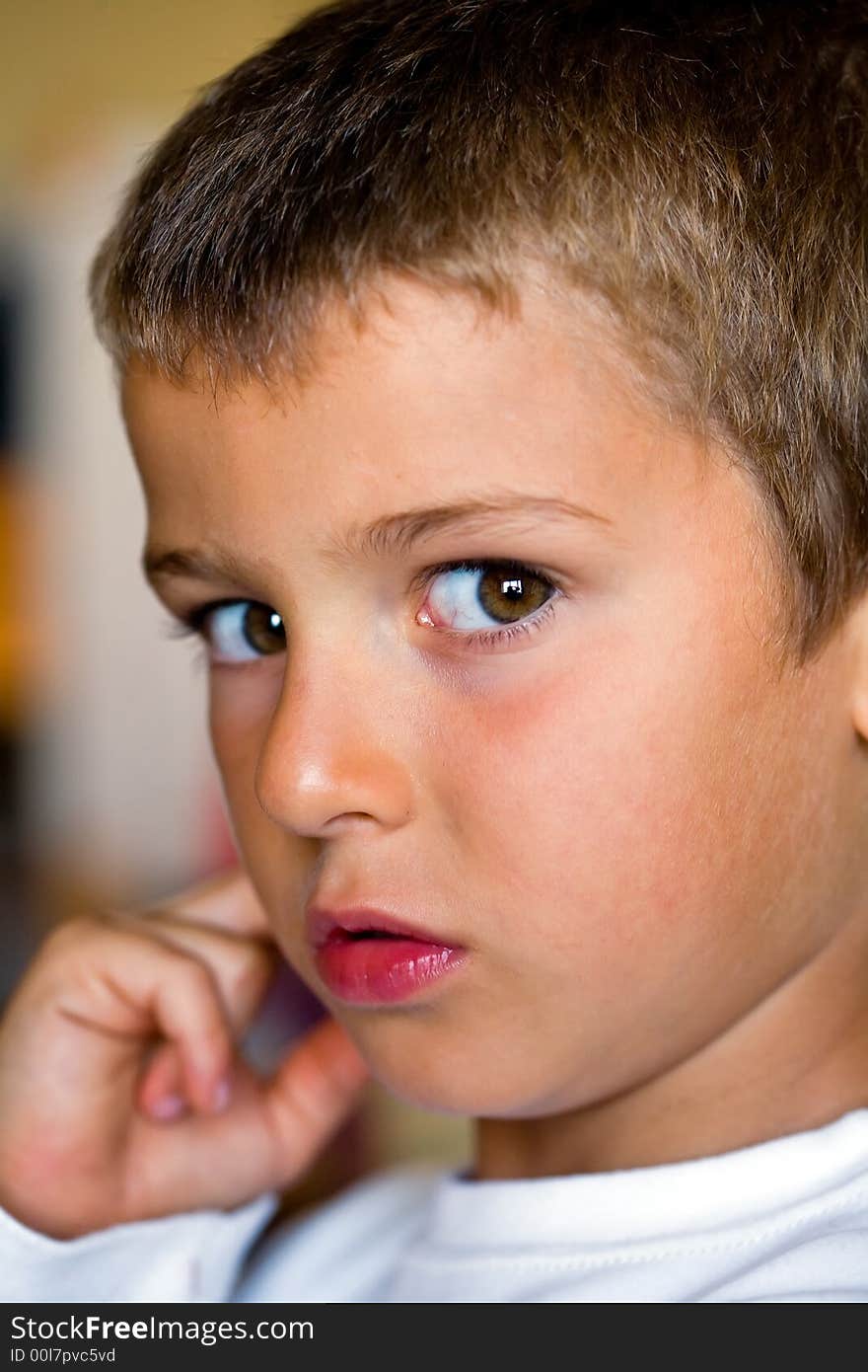 Young boy looking at camera with pensative look. Young boy looking at camera with pensative look