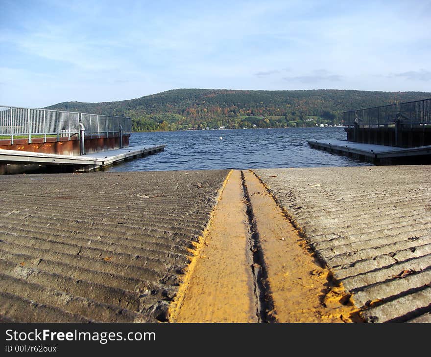 A boat launch ramp on a lake in NYS