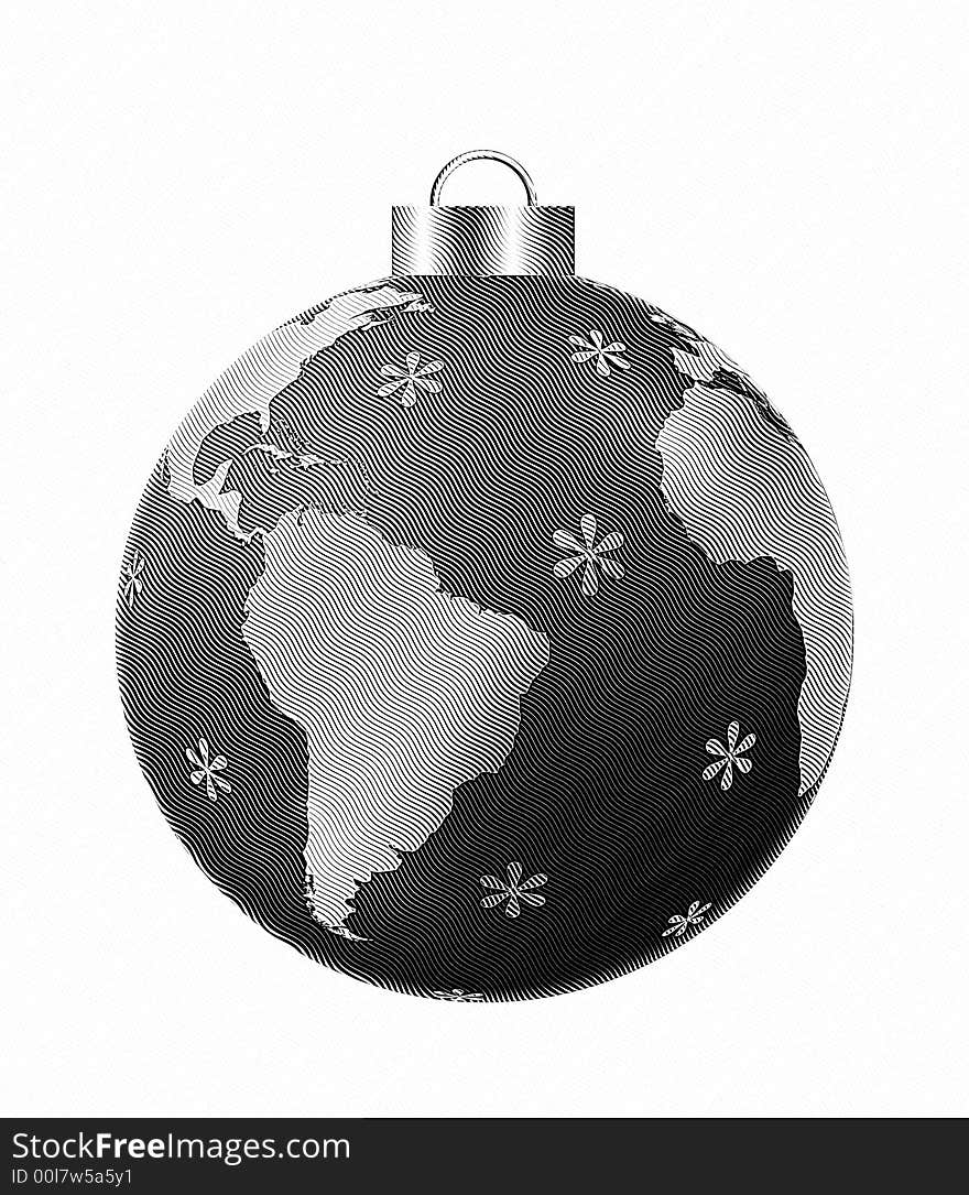 Black and white christmas ball world map in wood cut style. Black and white christmas ball world map in wood cut style