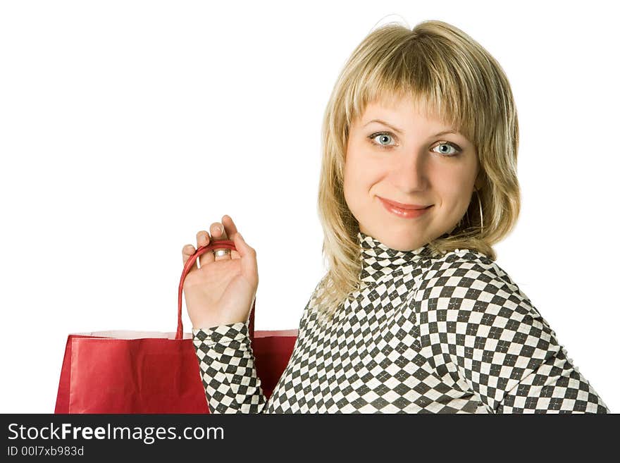 Shopping woman with colored package isolated over white background