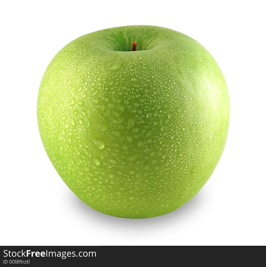 Green apple sprinkled with water isolated on white background