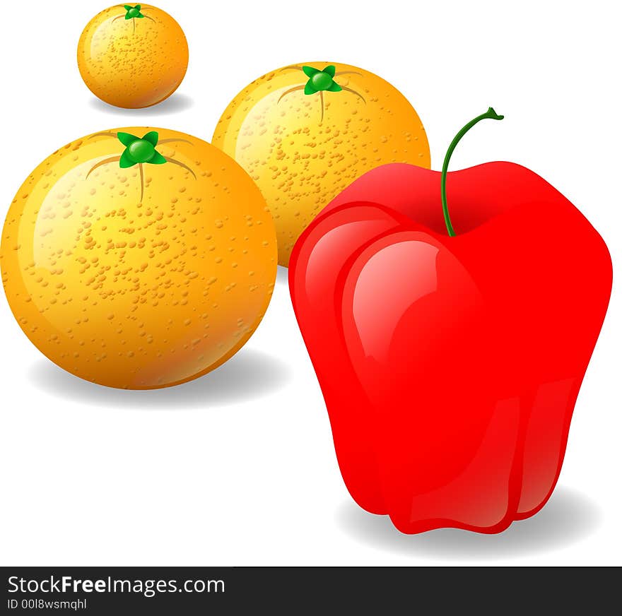 Illustration of an apple with three oranges in the background. White background with soft shadows. Illustration of an apple with three oranges in the background. White background with soft shadows.