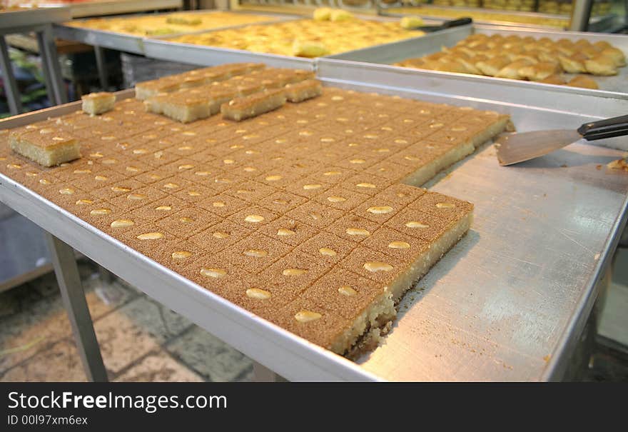 Arab cakes on tray on display in market