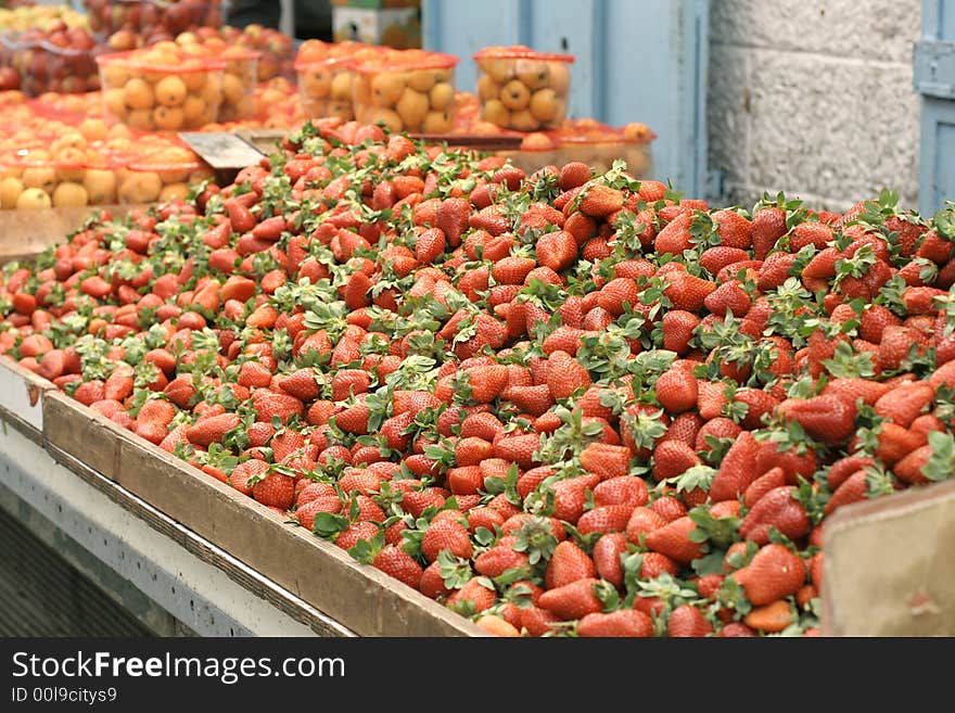 Strawberries on display in market