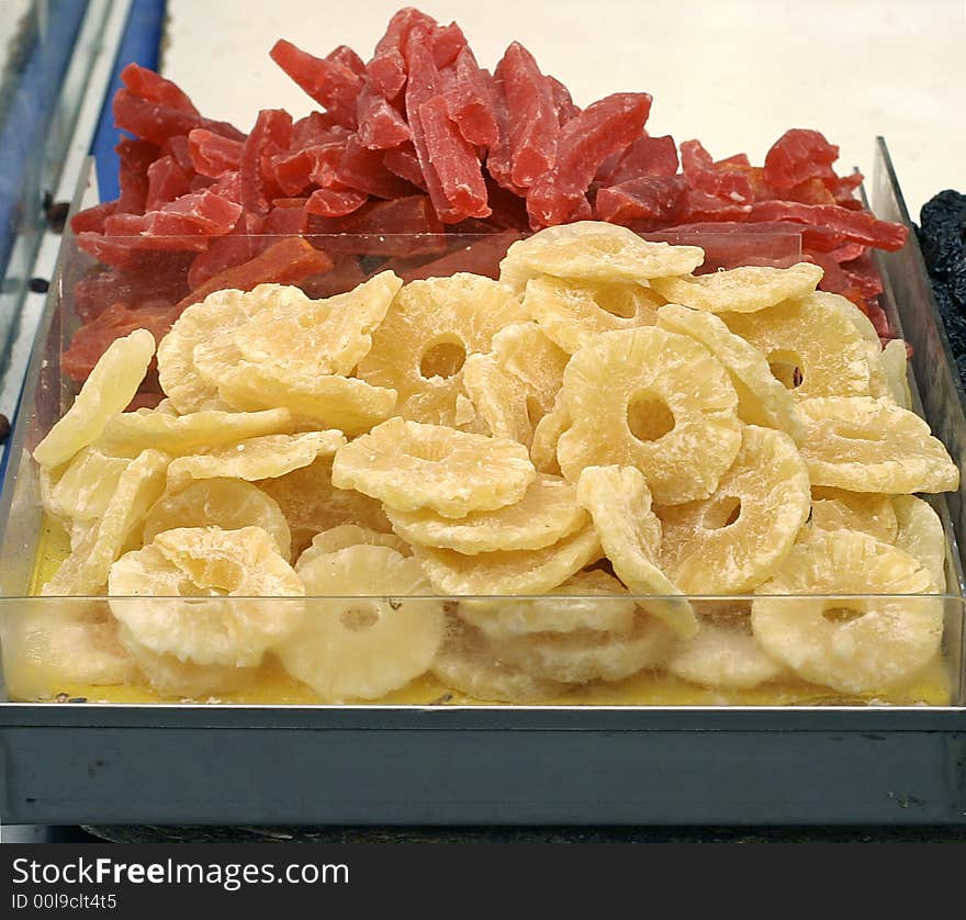 Candied pineapple on display in market