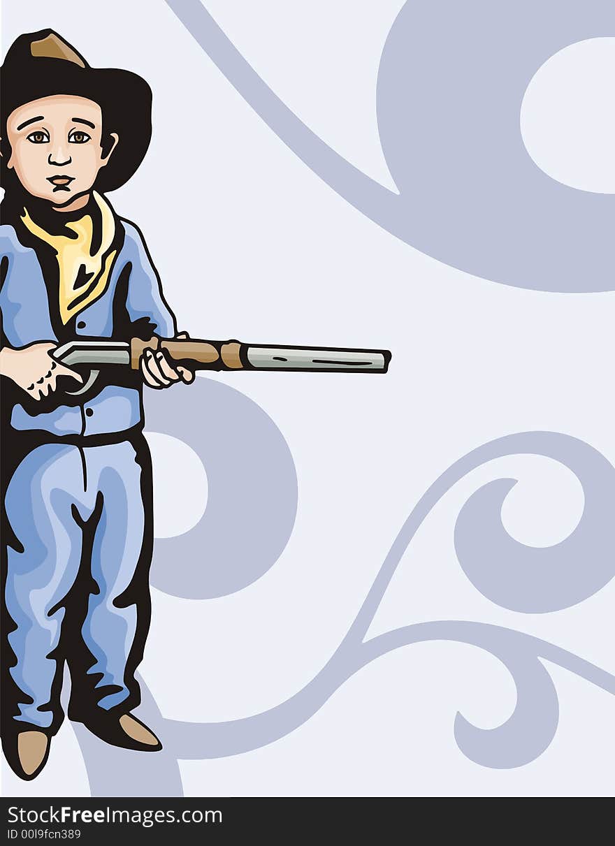 Vector background with a cowboy kid, holding a gun. Vector background with a cowboy kid, holding a gun.