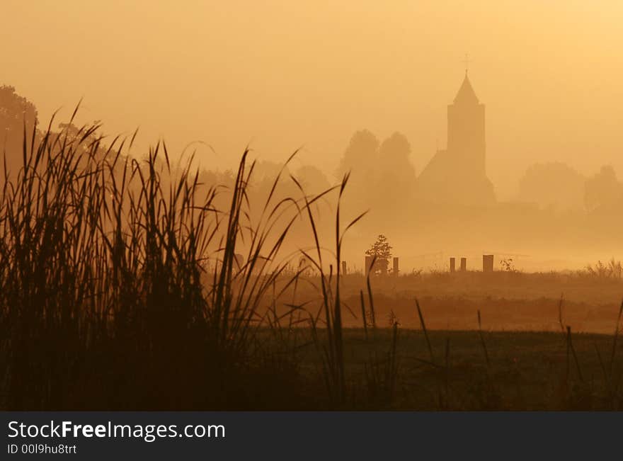 Sunset silhouette church