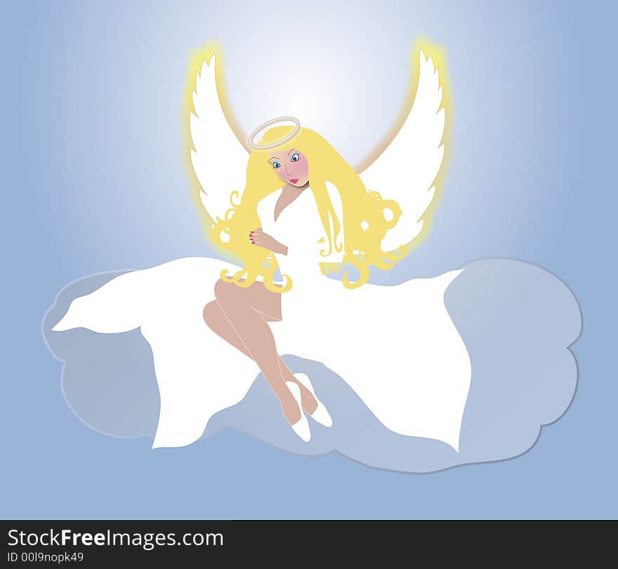 Illustration of angel sitting on a cloud with blue glowing background. Illustration of angel sitting on a cloud with blue glowing background