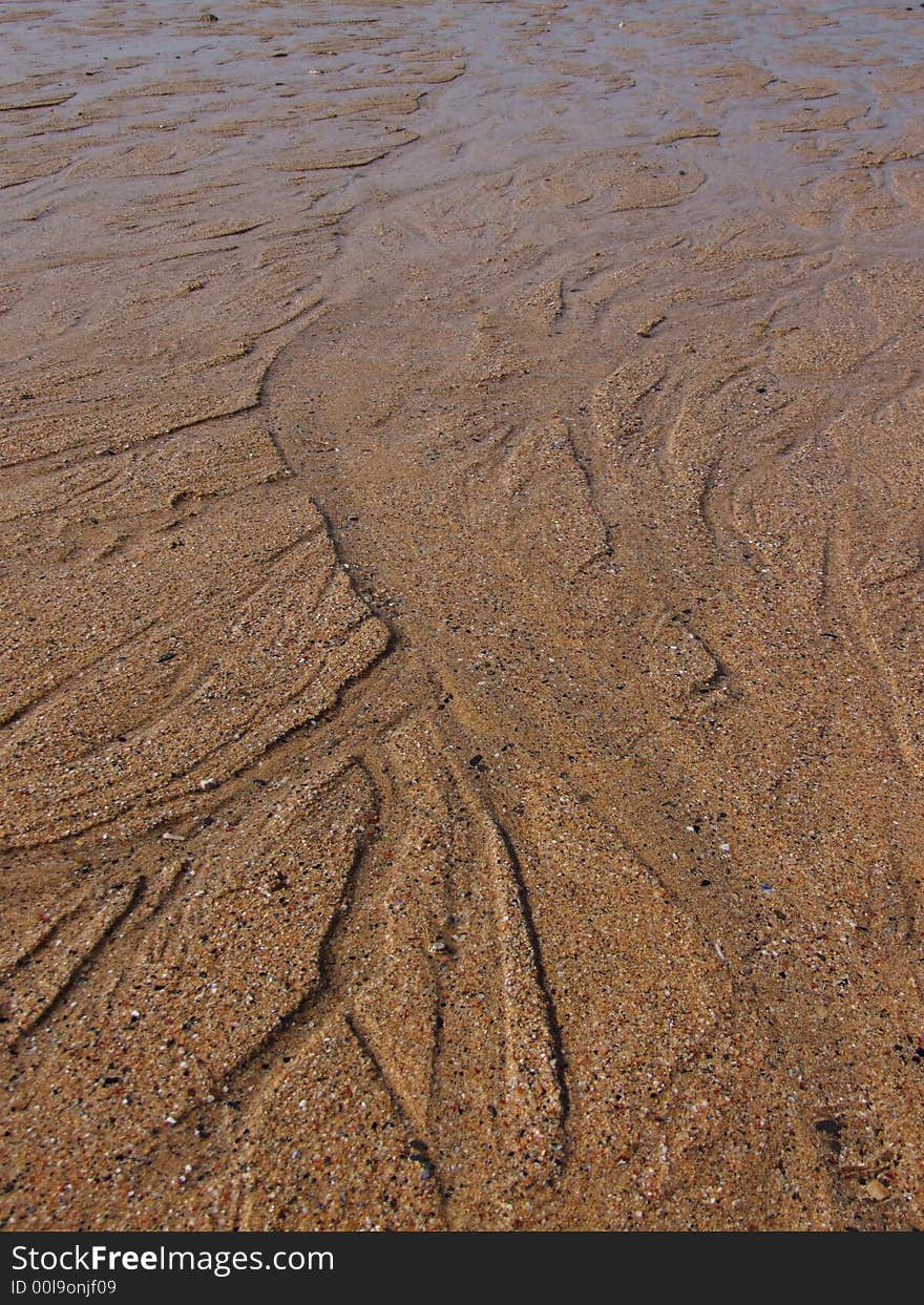 Wet sand on English beach, Cornwall, with small rivers running from the sea. Wet sand on English beach, Cornwall, with small rivers running from the sea