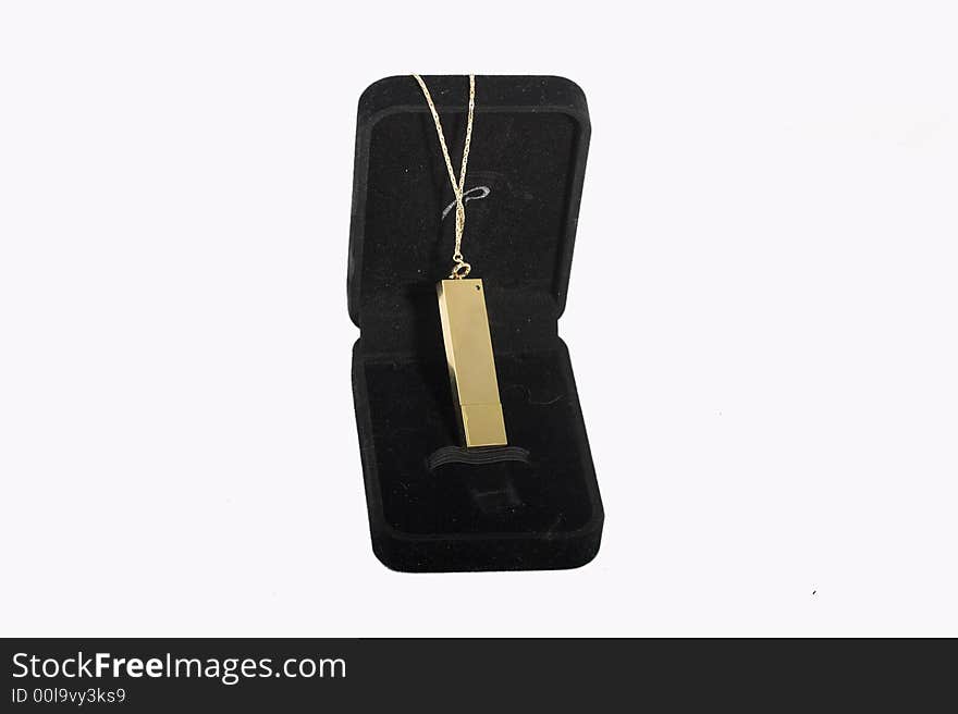 Black velvet casket with a golden suspension bracket on a chain. Black velvet casket with a golden suspension bracket on a chain