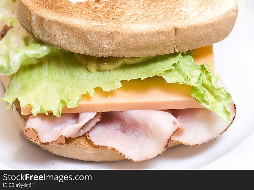 Close up of a toasted ham and cheese sandwich