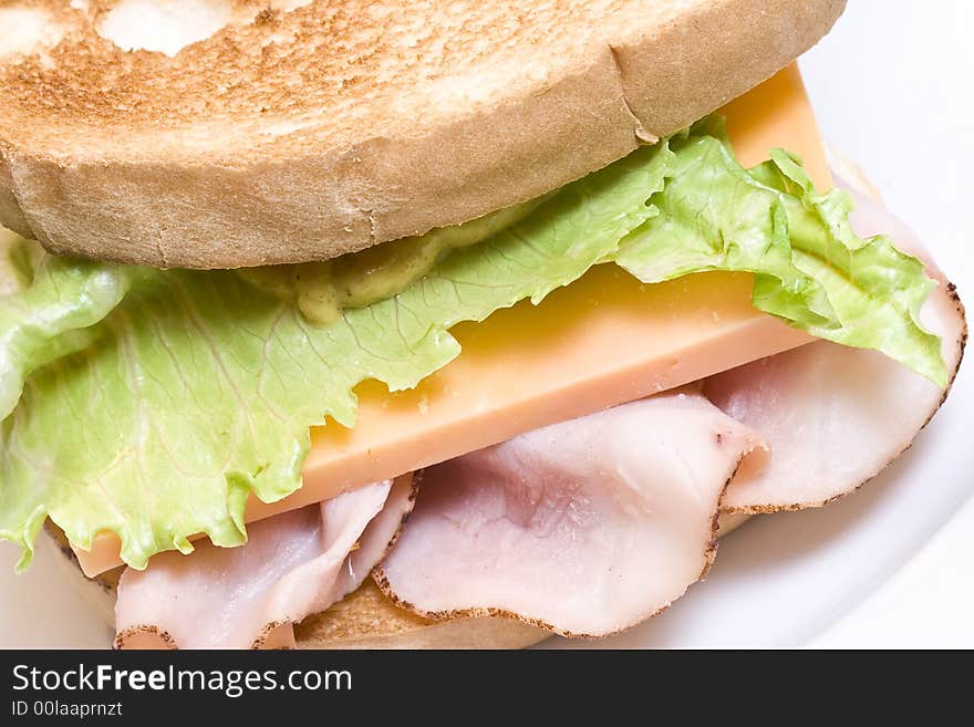 Close up of a toasted ham and cheese sandwich