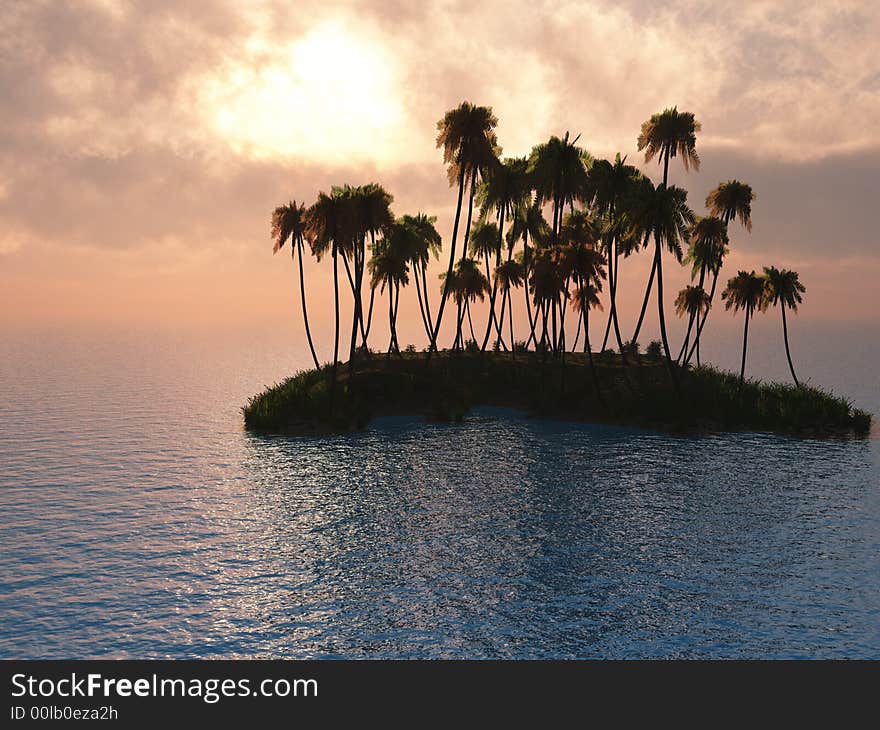 Sunset coconut palm trees on small island - 3d illustration.